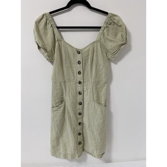 Madewell Dresses & Skirts - Madewell Linen Milkmaid Dress Full Button Puff Sleeves Green Size 2 Womens Boho